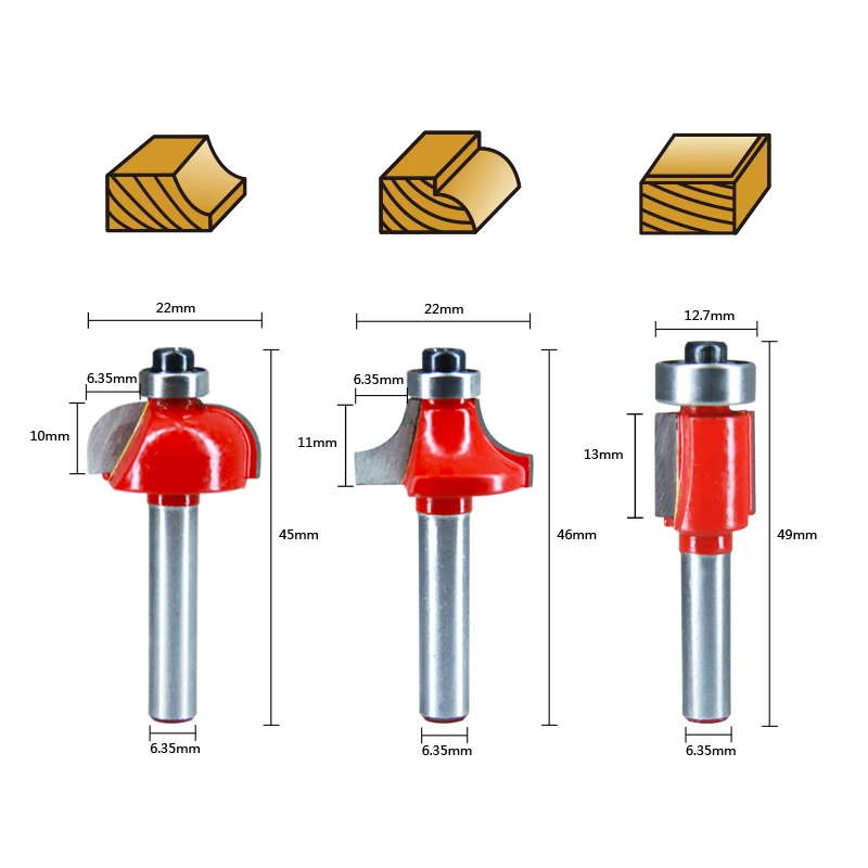 6pcs Wood Router Bit Set 6.35mm 1/4 Inch Shank Tungsten Carbide Tipped Milling Cutter with Bearing Woodworking Tools
