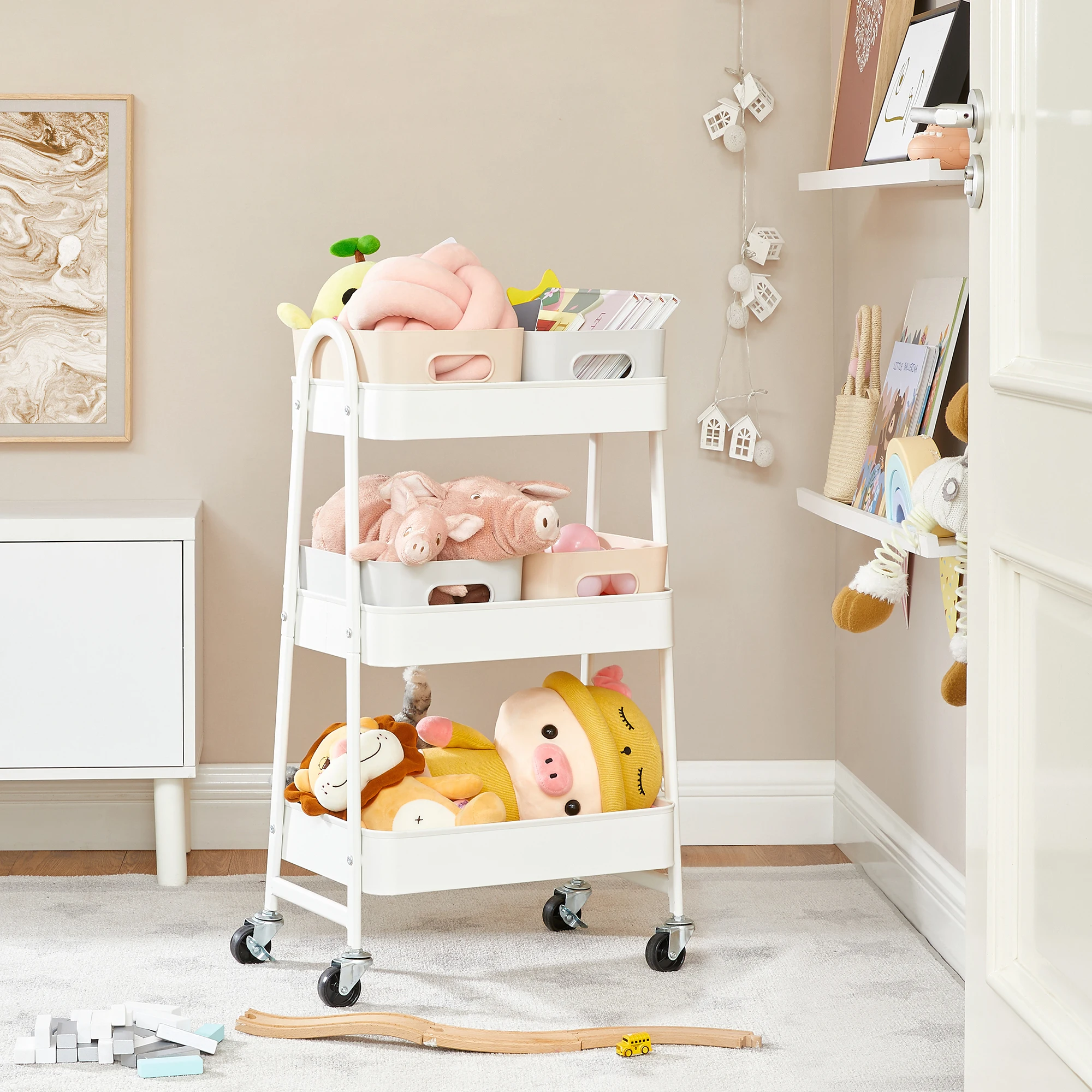 SONGMICS Low Price White Folding Storage Shelf Metal Cart 3-Tier Rolling Cart Kitchen Rack Trolley