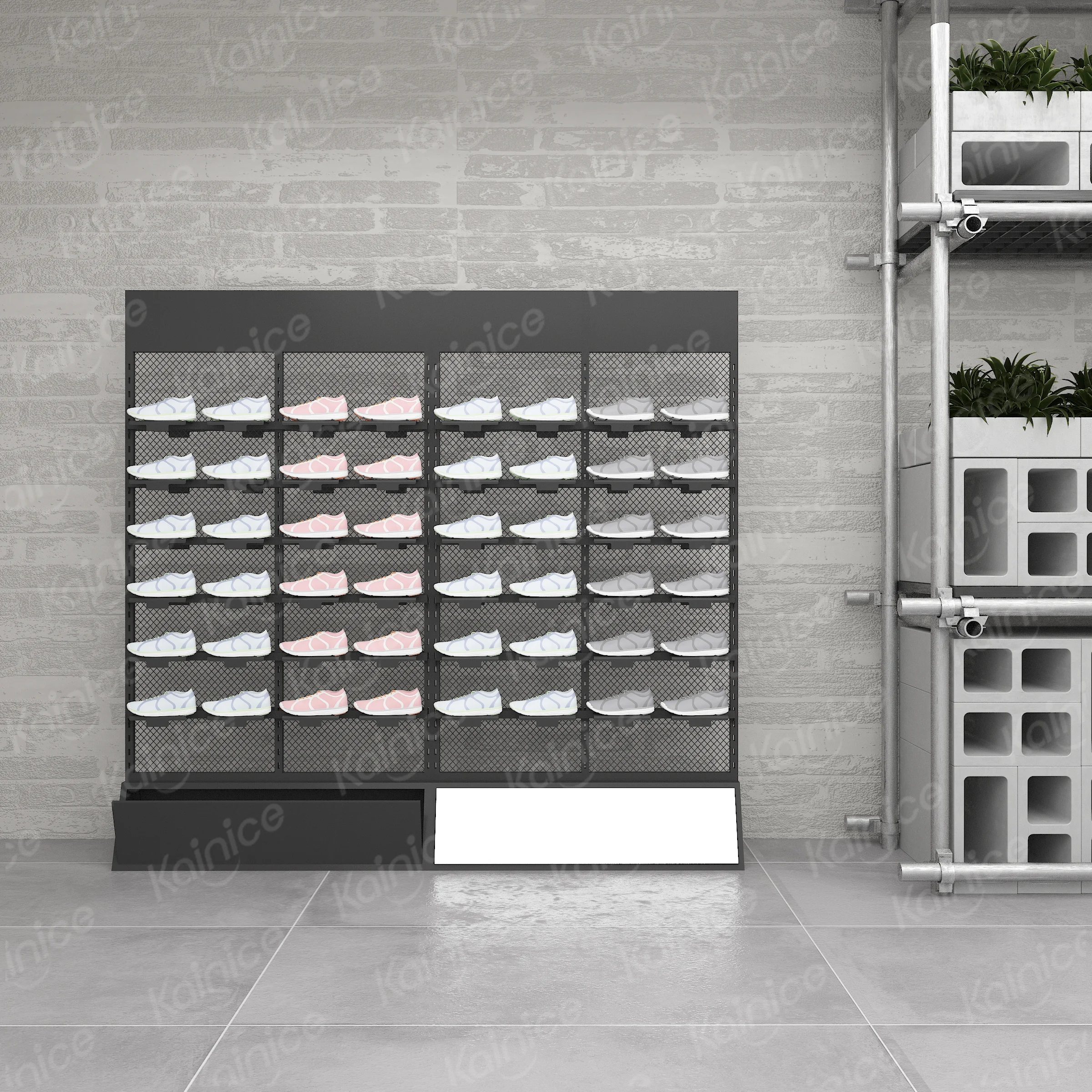 Kainice Customized sport display rack shoe rack metal mesh double sided stand sneaker gondola rack for shoes store