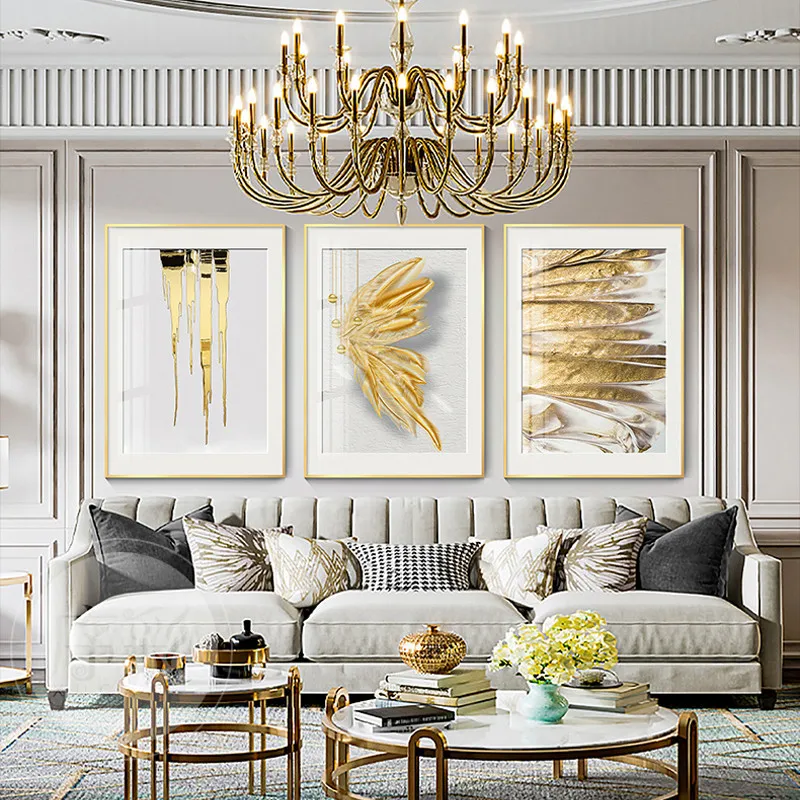 Golden feather print poster, Abstract painting in gold leaf block, modern, wall art, image for living room, sailor decoration,