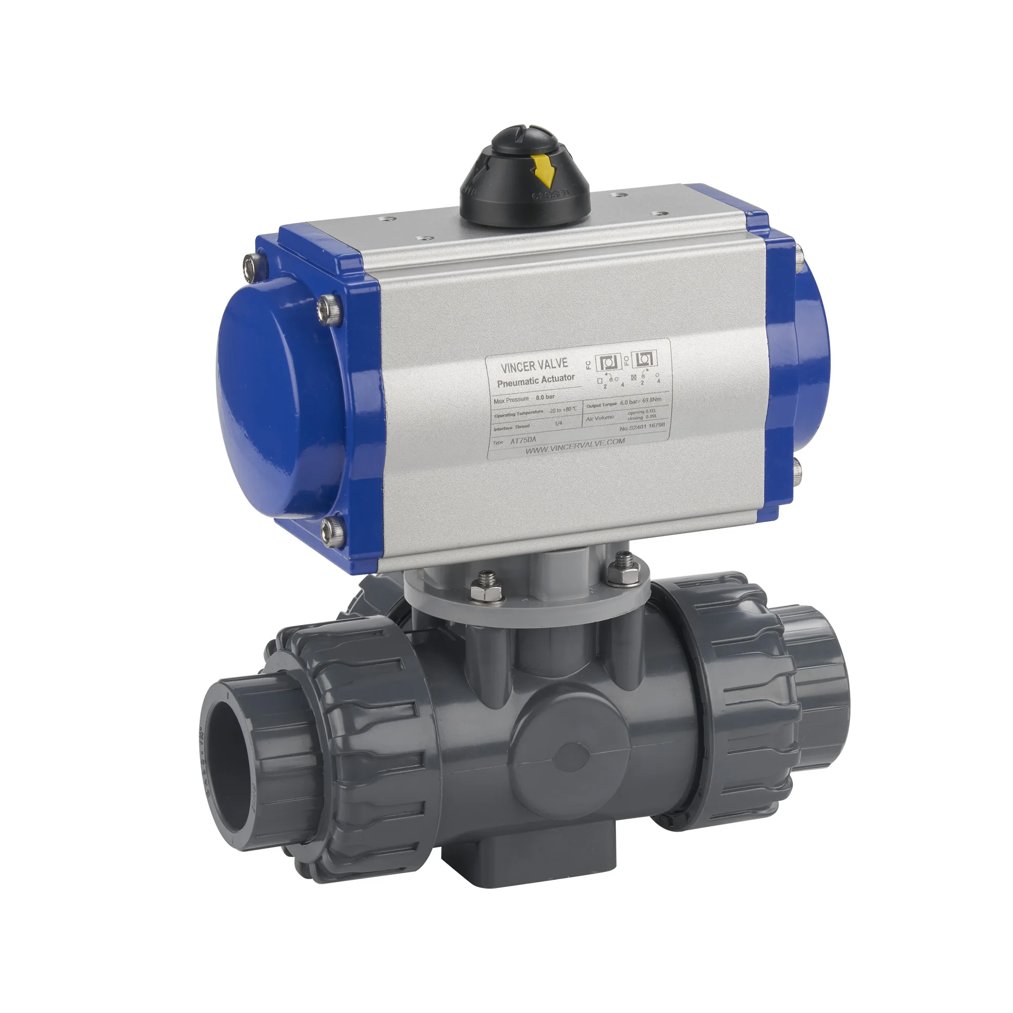 VINCER DN50 ON/OFF Type Double Union single acting double acting Pneumatic Control Pneumatic 2way 3 way PVC Ball Valve