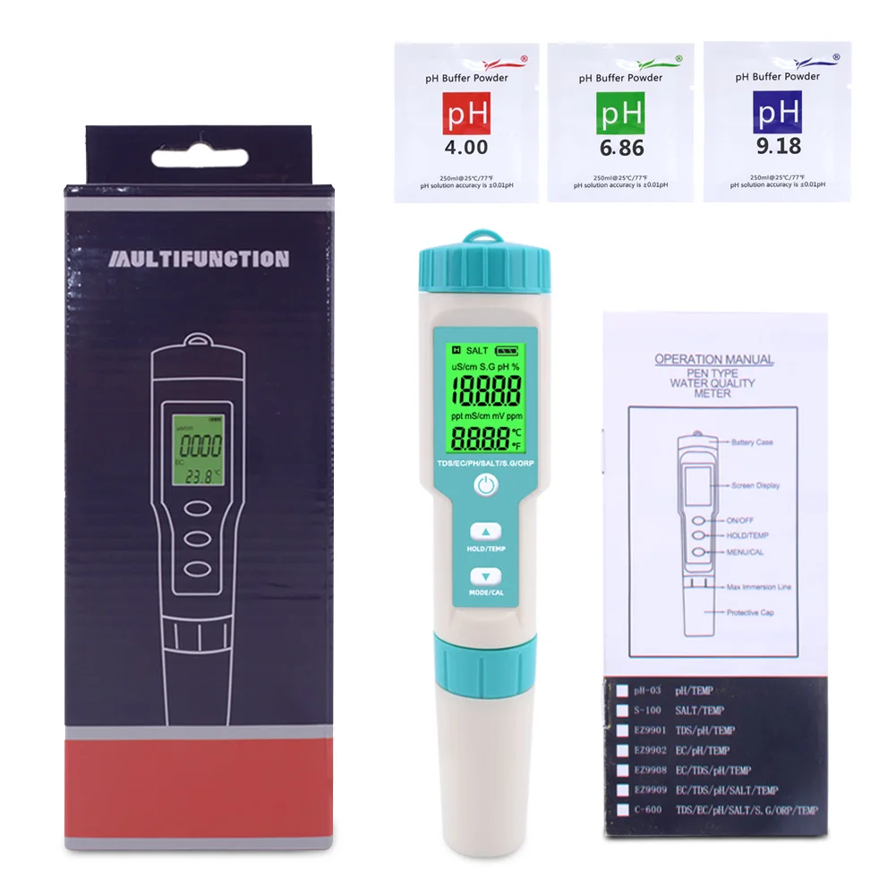PH-600 7IN1 PH/TDS/EC/ORP/SG/TEMP/SALT Multiparameter Water Quality Monitor pH Meter Water