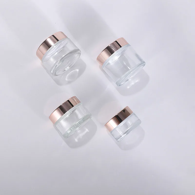 
cosmetic cream clear glass 50ml jar with silver gold and rose gold covers 