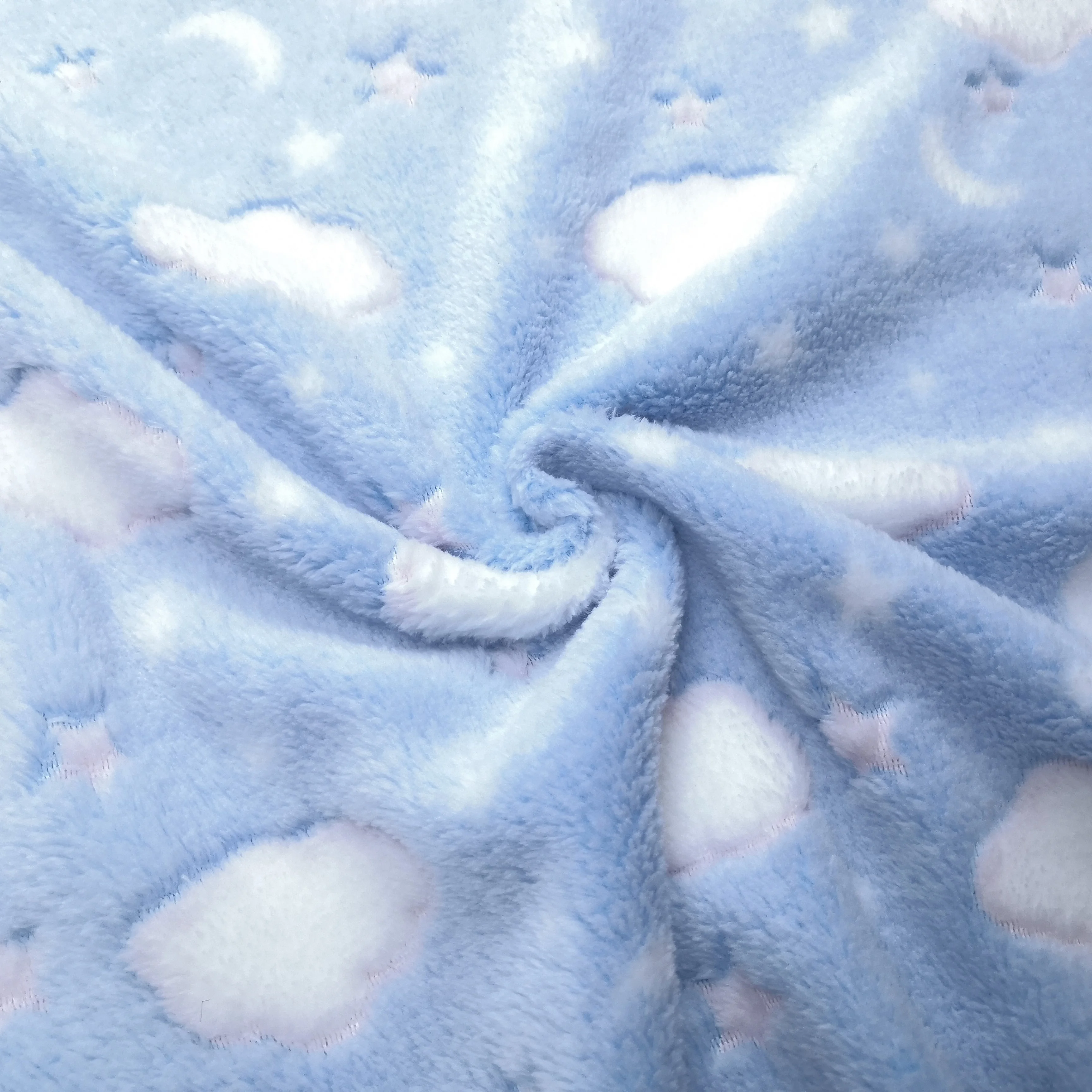 Sky blue star moon beautiful white cloud long hair winter pajamas warm coral fleece jacquard fabric for bedding