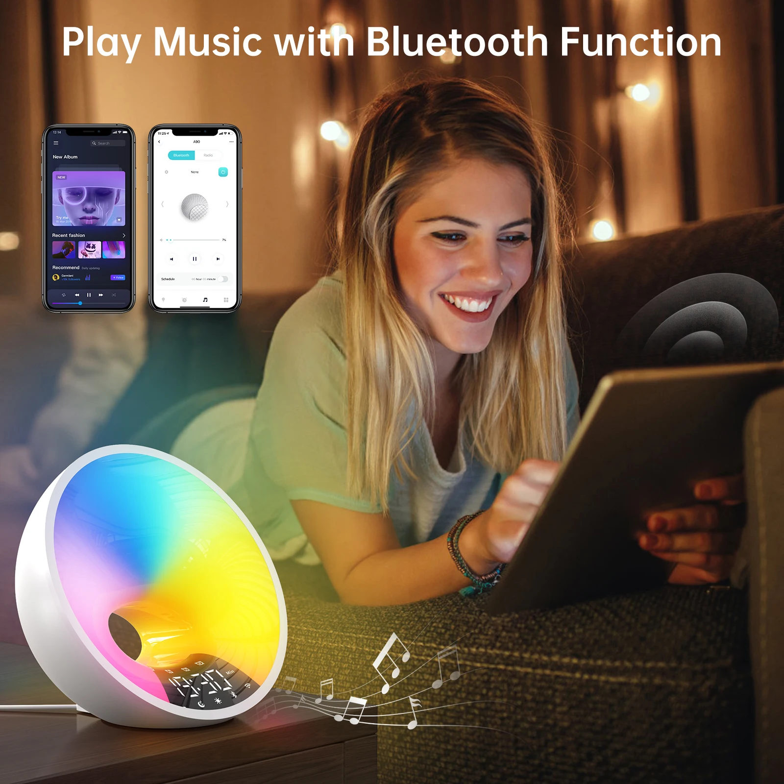 Smart APP Bluetooth Alarm Clock White Noise Machine Simulate Sunrise and Sunset Colorful Wake Up Light