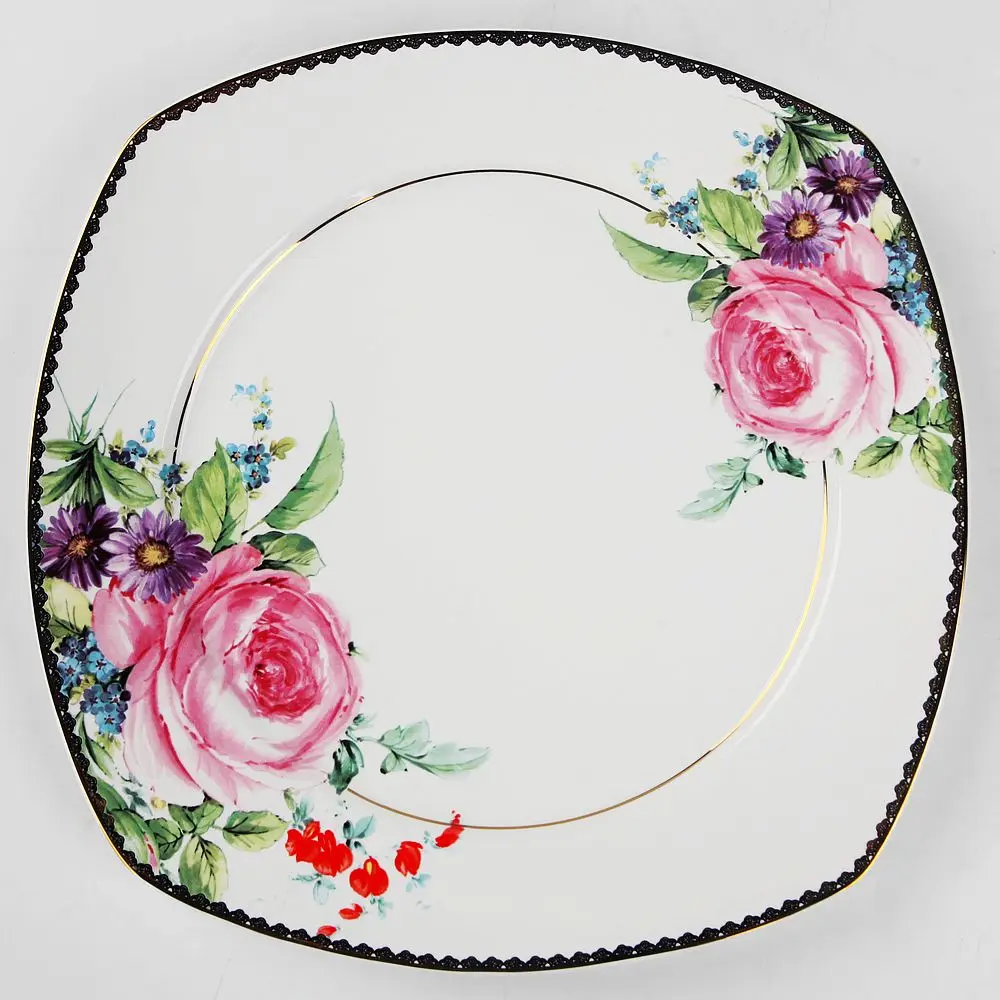 personalized Emboss gold square design EU style fruit dishes white porcelain plates homeware with rose flower