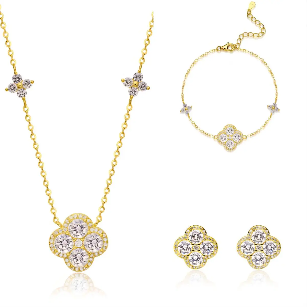 VANA Clover Necklace Jewellery 925 Lucky Four Leaf Clover Gold Plated 925 Sterling Silver Bracelet Chain EarrringsJewelry Set