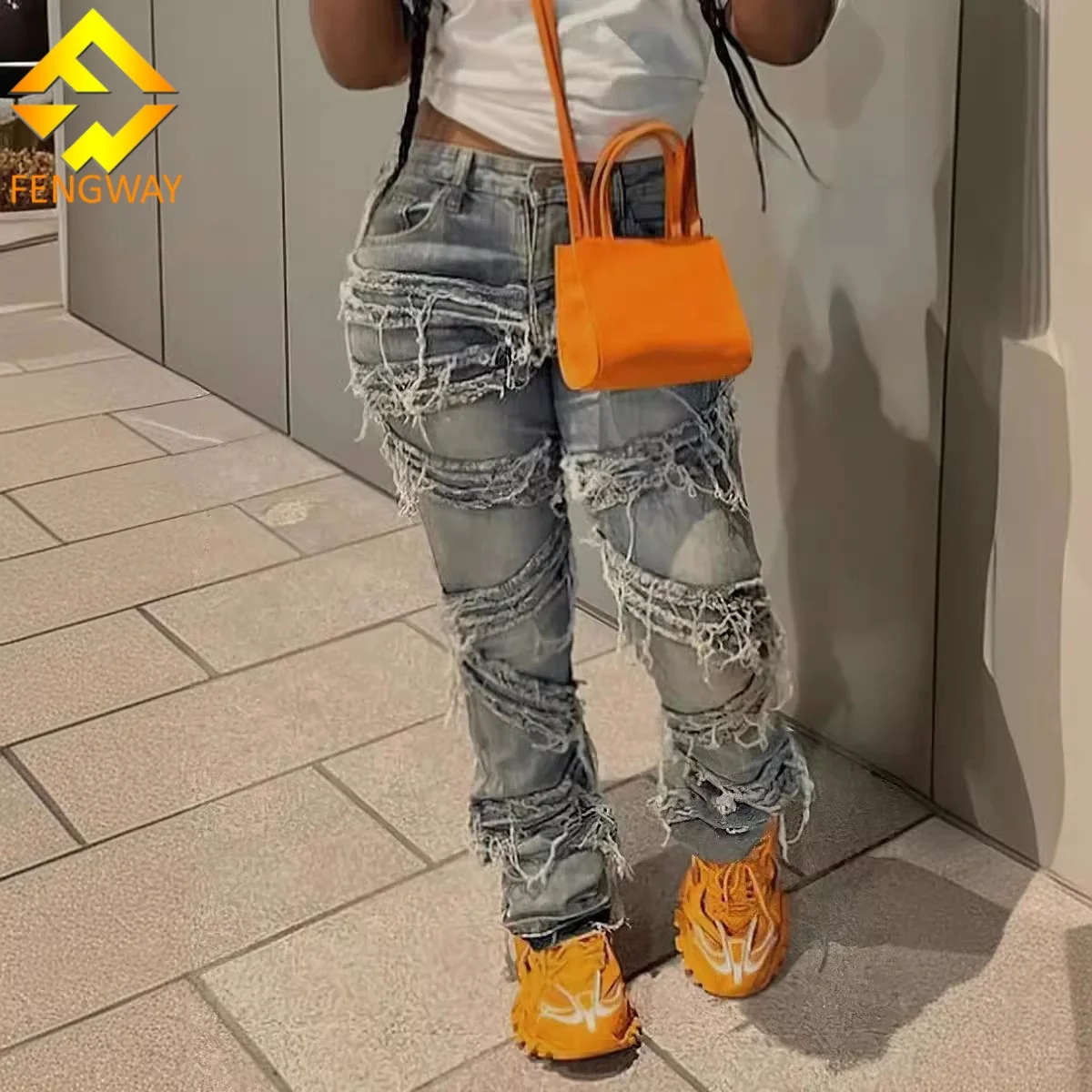 Tassel Jeans Pants Women 2024 Casual High Waist Design denim Blue Fashion Baggy Design Patchwork Trousers Pants For women