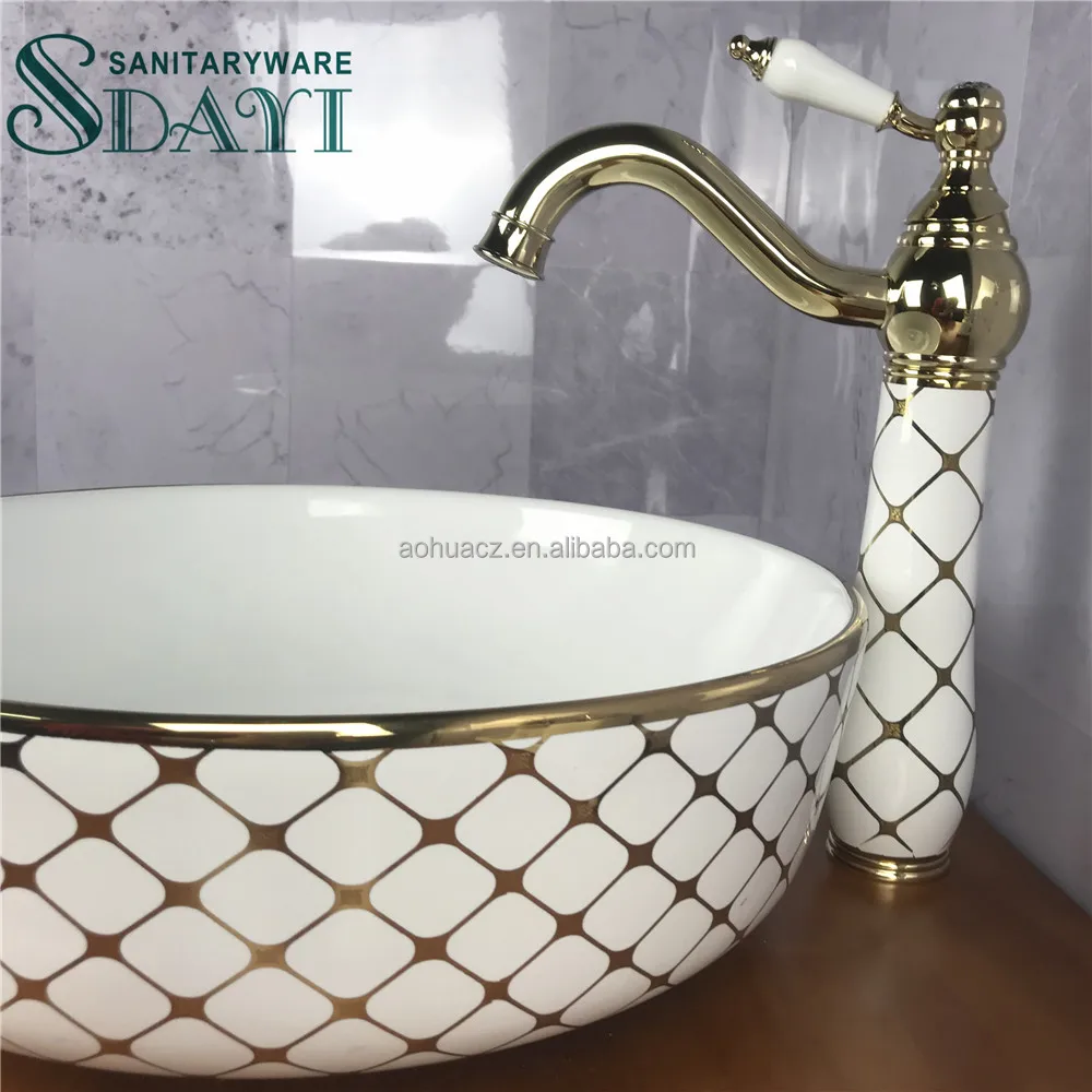 Hot selling luxury golden bathroom ceramic body brass mixer basin faucets