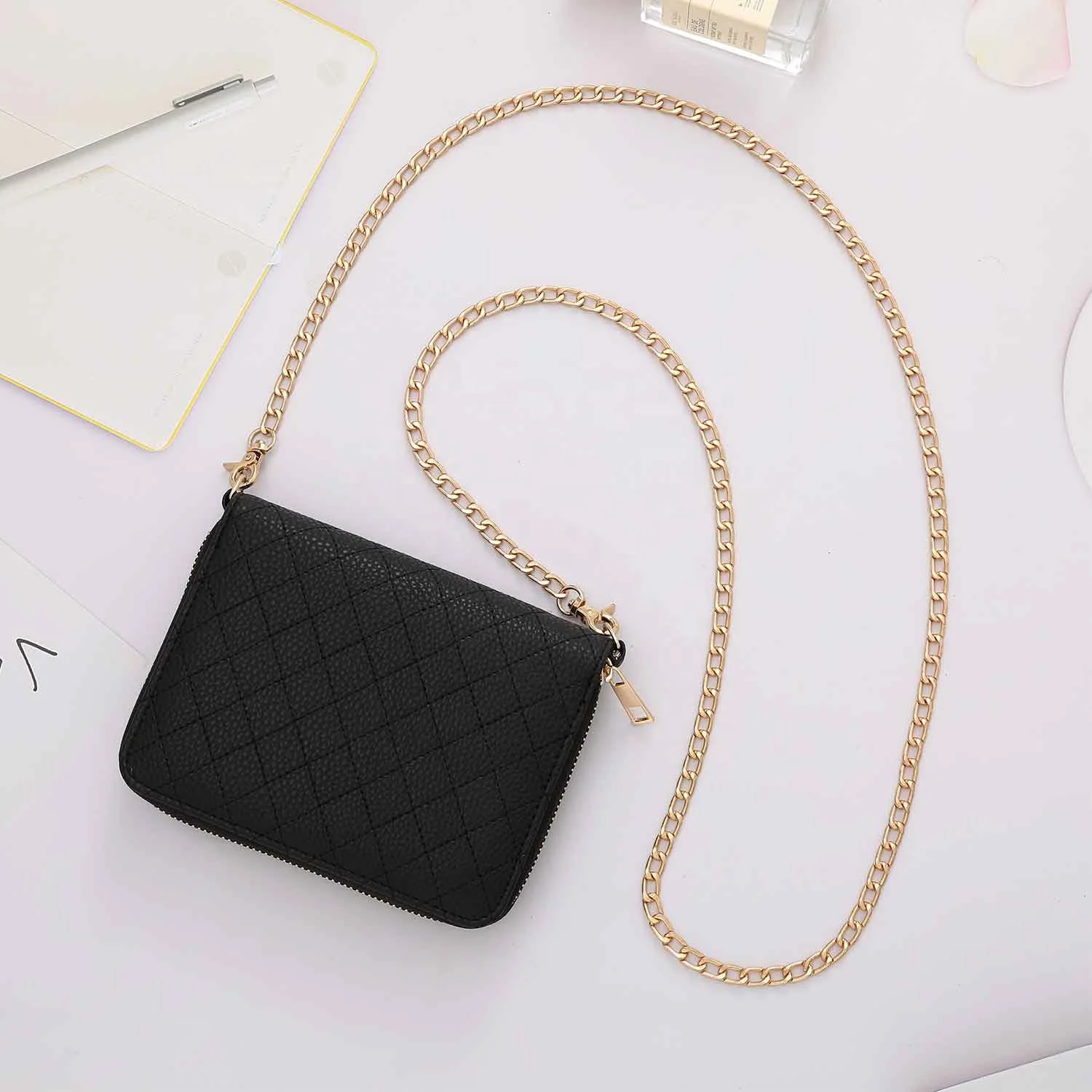 Hongbo Best Selling Gift 9-Color Gold-Ring A7 Pebble Quilted Leather Zip Budget Binder Wallet with Bracelet/Wrist Band Available