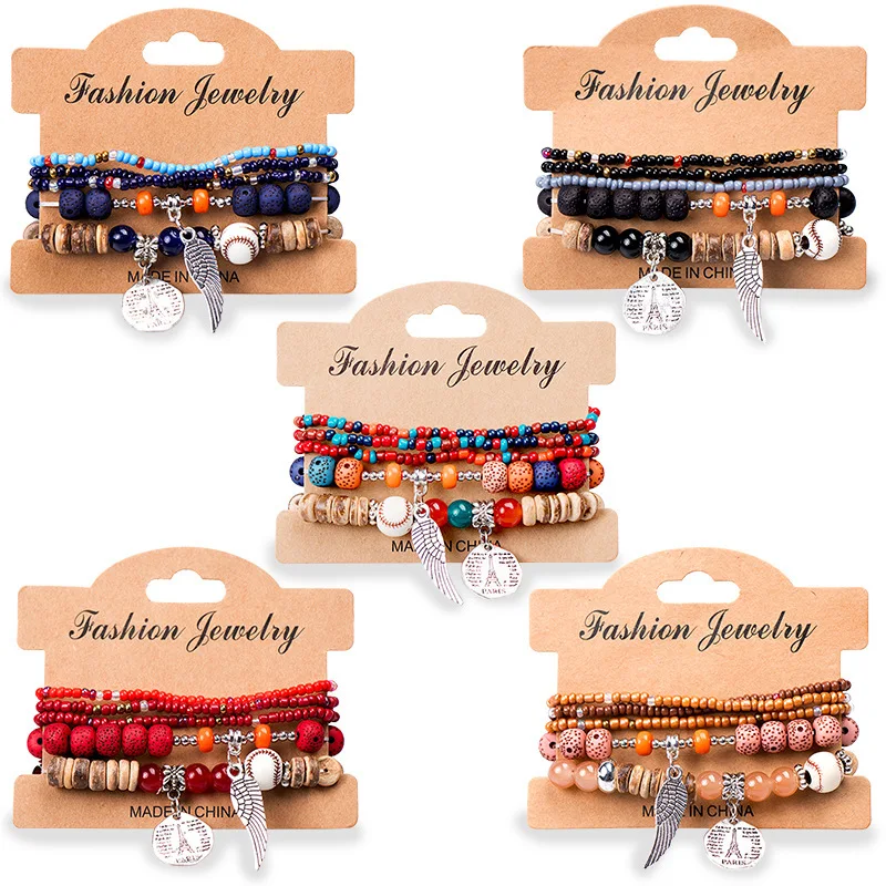 Boho Ethnic Multilayer Seed Beads Bracelet Set Alloy Pendant Stretch Beaded Bracelet Women