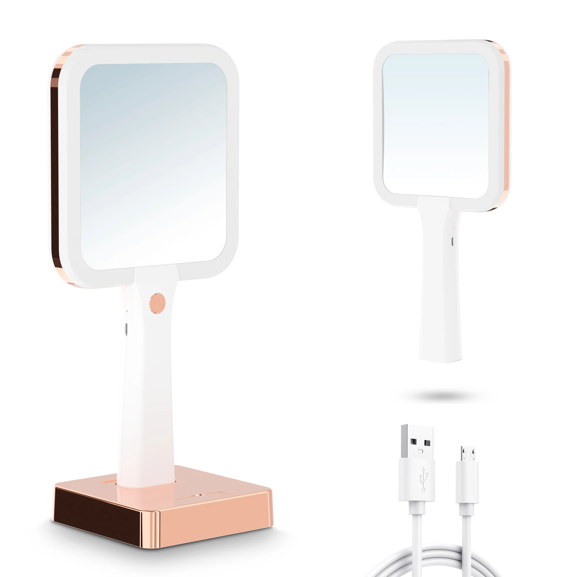 Rechargeable Portable LED Lighted Mirror Handheld Makeup Vanity Square Mirror Custom Hand held Mirror with Stand