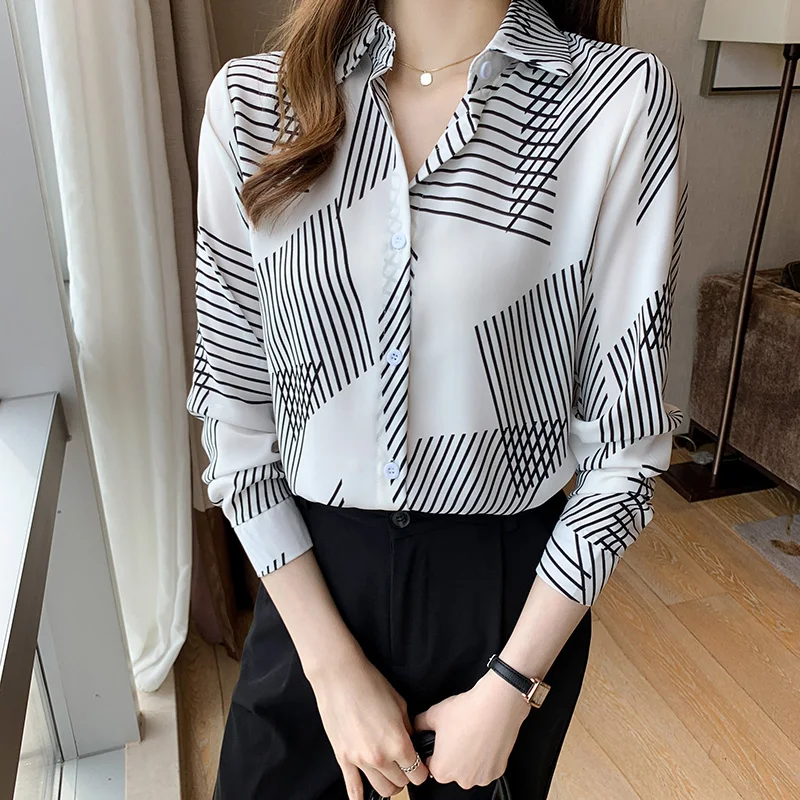 Korea Women Top Fashionable Stripe Print Long Sleeve Satin Blouse&Shirts Ladies
