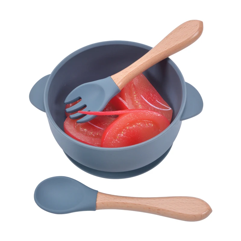 Top Selling Baby Soft Silicone Feeding Forks Nature Materials Infant Silicone Tips Baby Fork With Wooden Handle