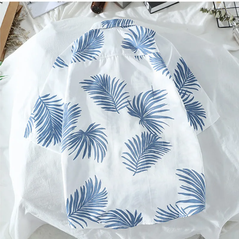Custom Sublimation printing Mens Hawaiian Resort Style Palm Leaf Print Turn Down Collar Short Sleeve Shirts
