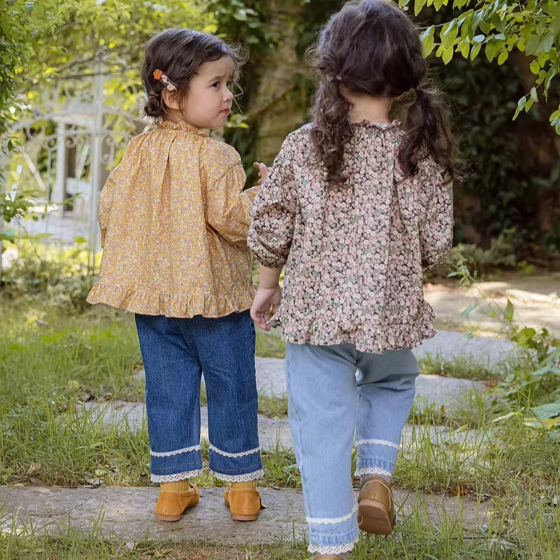 706 Korean design solid blue little baby girls lace denim pant infant toddler kids jeans pant clothing casual outfit