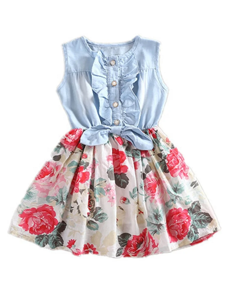 
hot selling bow knot blue sweet casual floral denim summer little girl dress toddler girl summer sets 2pcs 