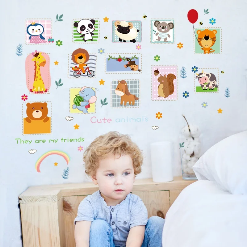 
 Детские наклейки на стену HM92023, съемные виниловые наклейки «сделай сам» с мультяшными животными, друзьями  