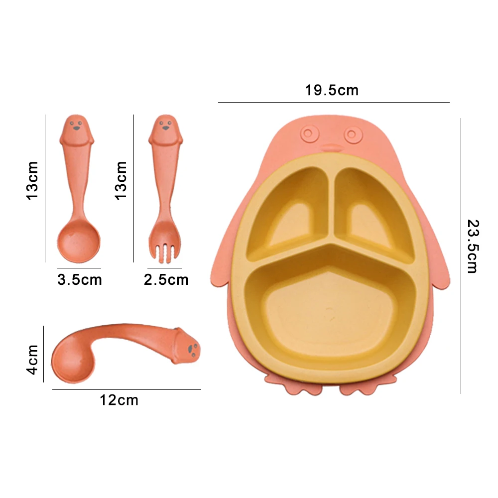 Cartoon Penguin Child Tablewar Bowl Spoon Cutlery Wheat Straw Eco-friendly Kids Training Dinnerware Cutleri Set