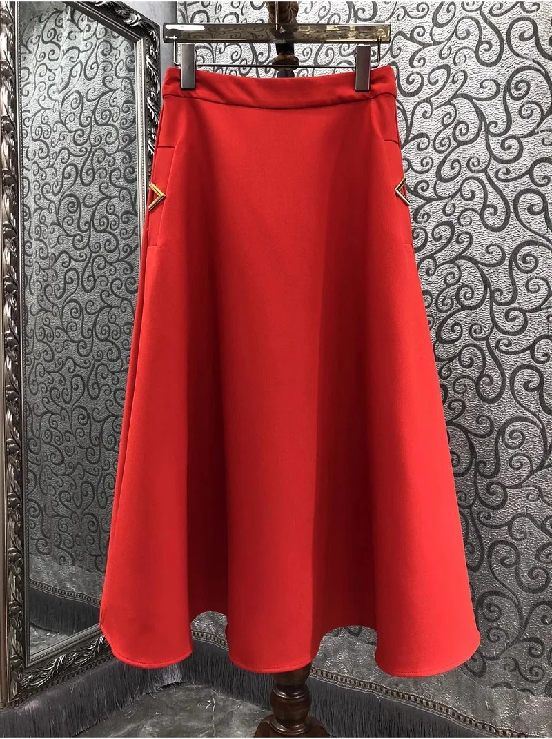 Top Quality New 2024 Autumn Winter Long Skirt Women Pocket Patchwork High Waist Long Beige Red Maxi Gown Skirt Party Club Wear