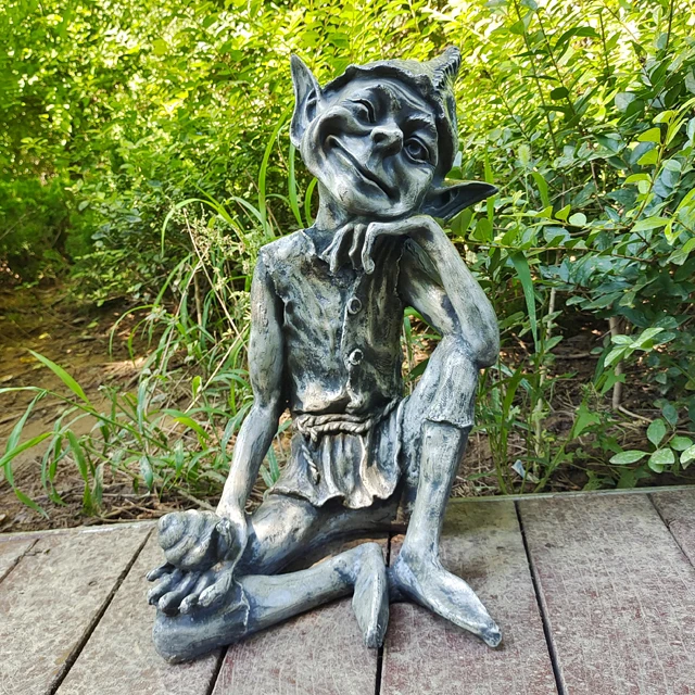 Large Resin sitting gnome garden figurines for decoration,  Antique verdigris garden pixie sculpture