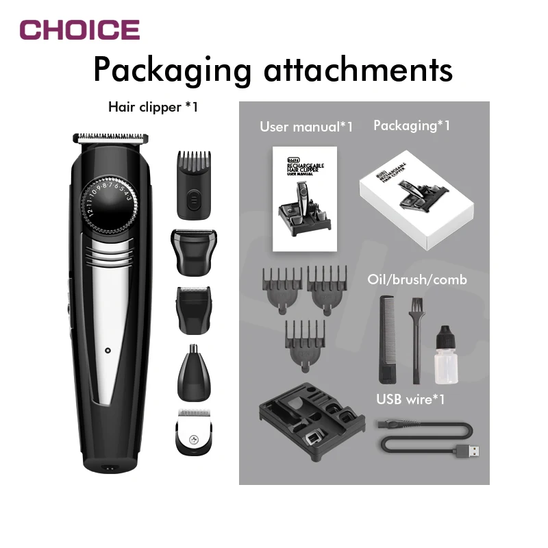 Private Label 5 in 1 Professional Hair Clipper Trimmer Mens Cordless Hair Trimmer Set Rechargeable Hair Clipper
