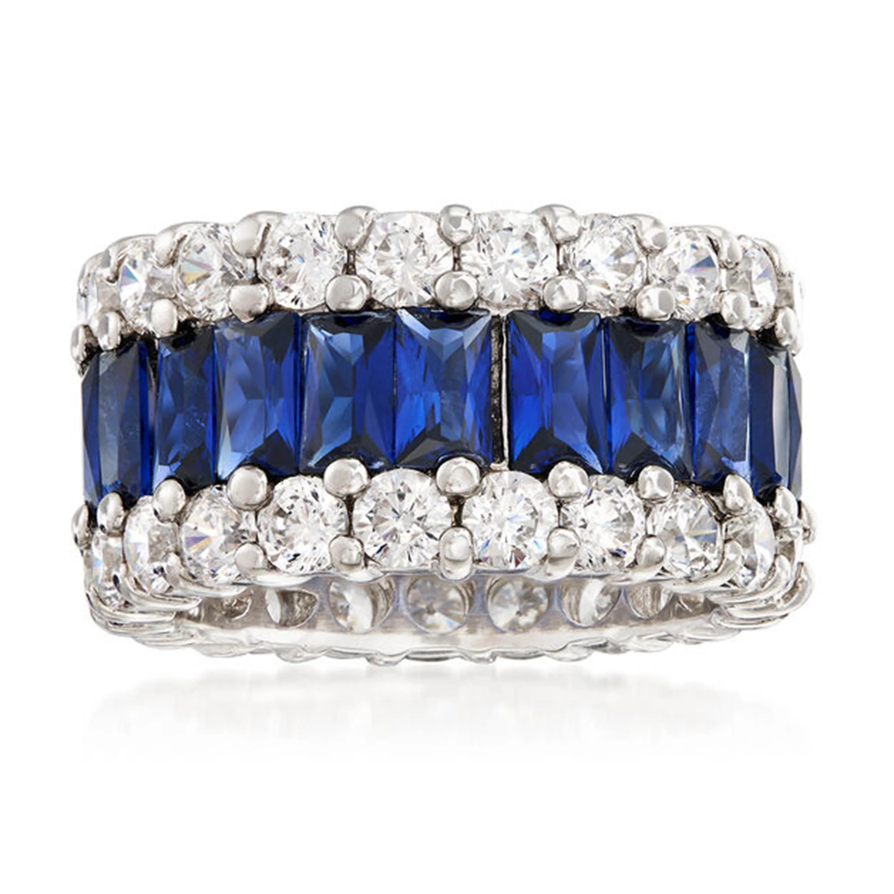 White Zircon Halo With Emerald Cut Blue Sapphire 925 Sterling Silver Wedding Ring