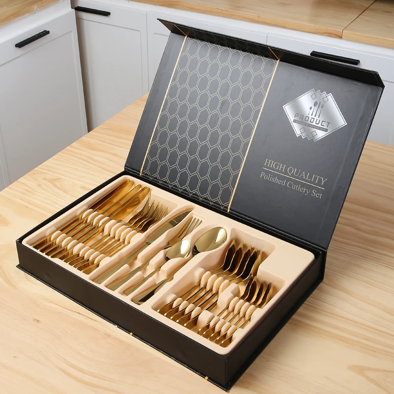 Custom Metal Gold Flatware Stainless Steel Reusable Cutlery 24pcs Set With Box