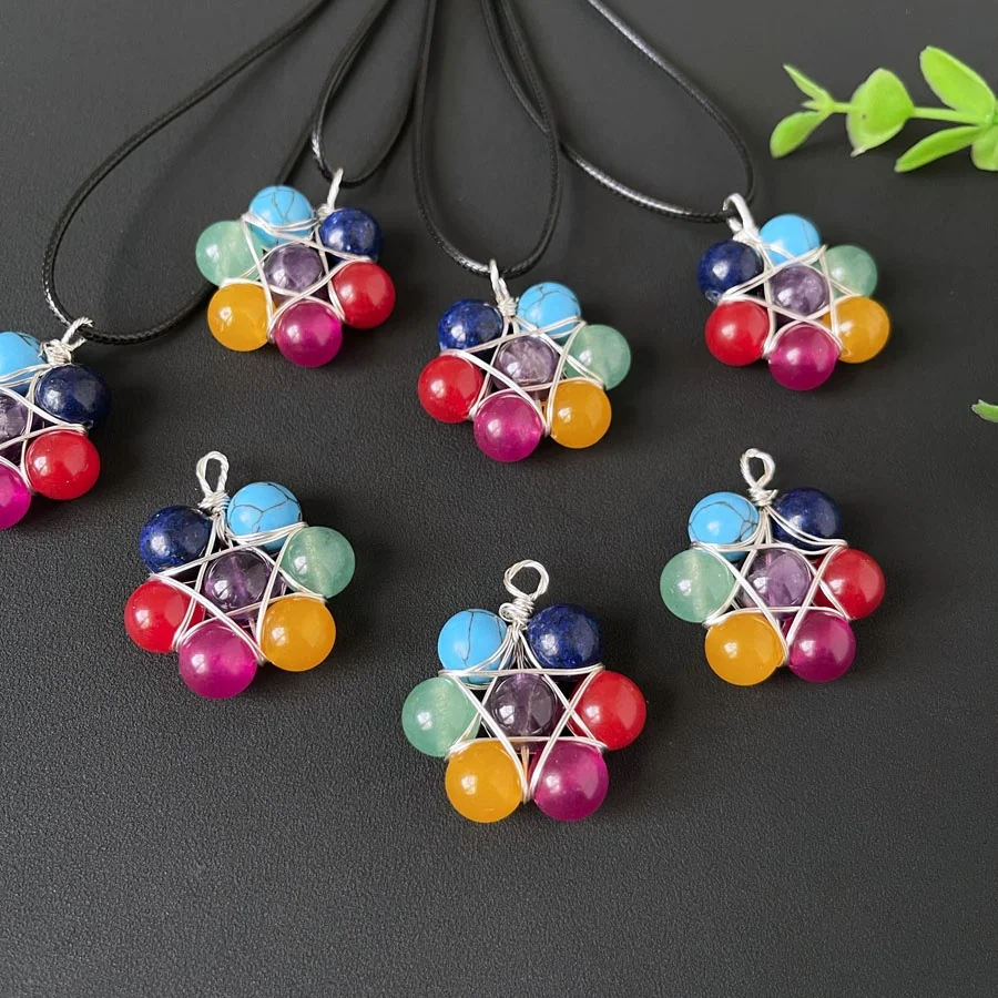 Natural Crystal Bead Hexagram Pendant Chakra Crystal Stone Bead Pendant for Healing Gift