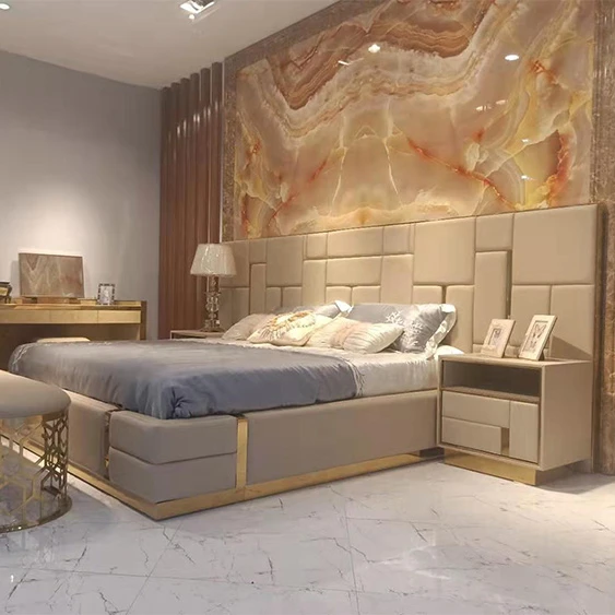 
High End Luxury Genuine Leather King Size Bed Frame Hotel Bed Furniture Titanium Brushed Stainless Steel Leather Beds 
