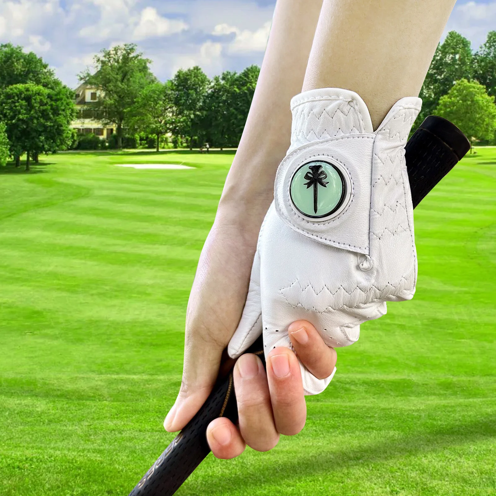 Customized Women Cabretta Golf Glove - Premium Genuine Leather All Weather Ideal Golf Team Gloves with Ball Marker (Left Hand)