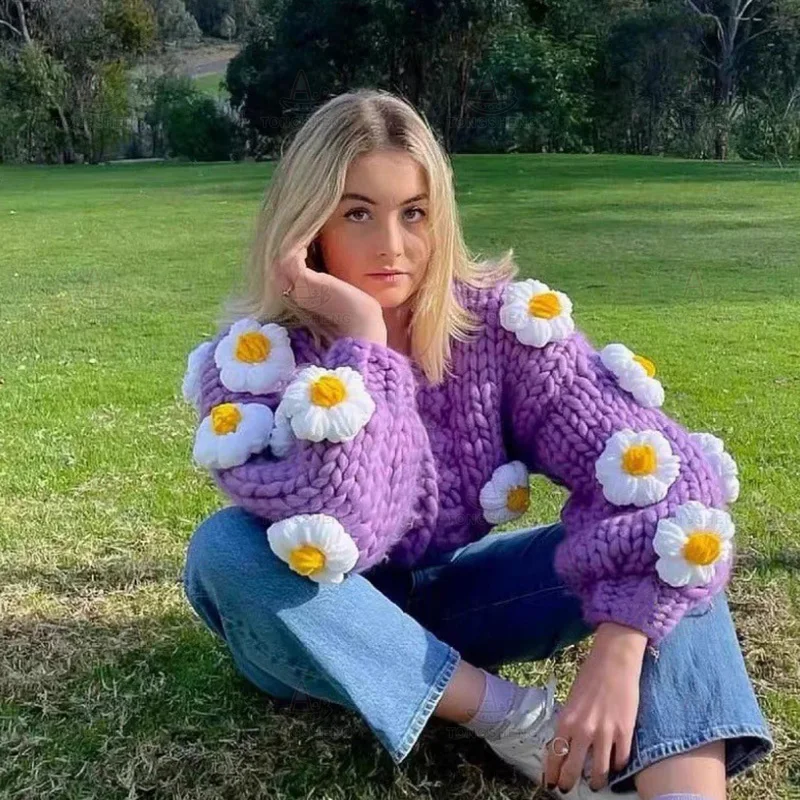 Spring And Autumn Hand Made Oversize Cropped Cardigan Crochet Chunky Knit Colorful Flower Cardigan Sweater For Women