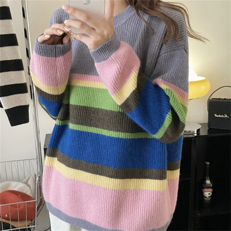 Loose rainbow striped sweater women luxury cute oversized pullover knitted sweater round neck long sleeve warm sweater winter