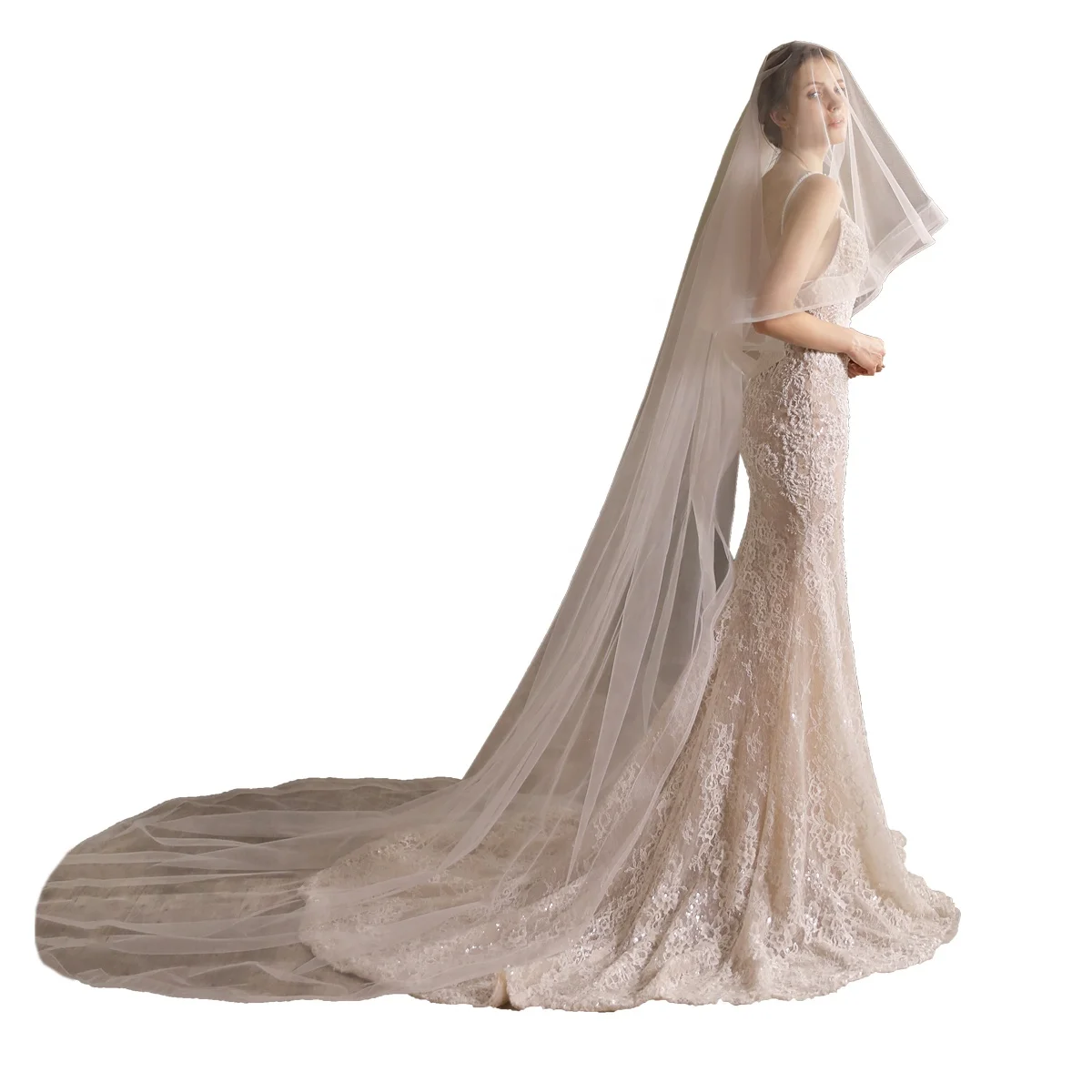 Elegant Simple Long Veils Plain Soft Tulle Cathedral Trailing Wedding Bridal Veil With Comb Accessories