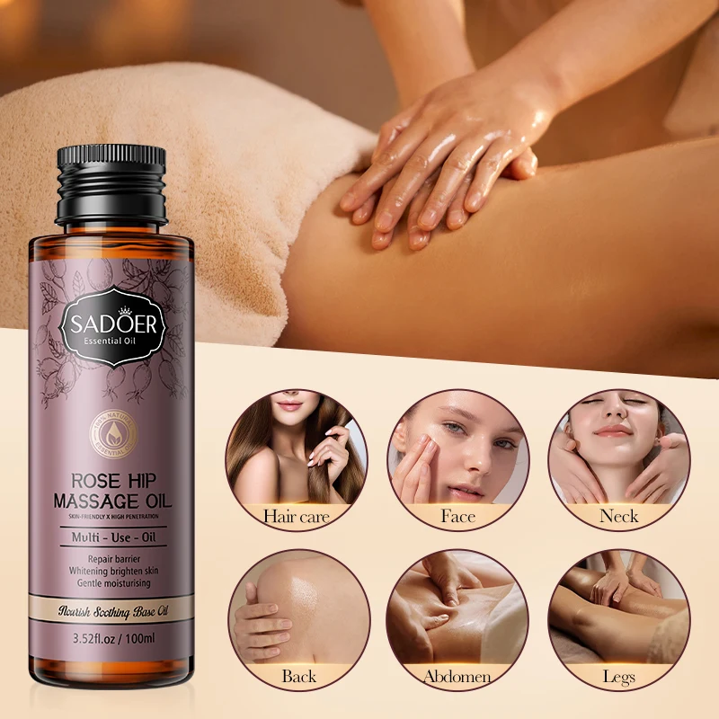 OEM SADOER Private Label Plant Fruit Massage Oil Skin Care Products Organic Rose Whitening Moisturizing Body Essential Oil
