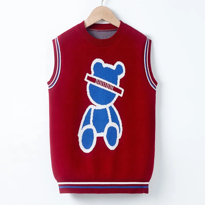 
accept OEM ODM design bear patterned child crew neck sleeveless sweater vest 