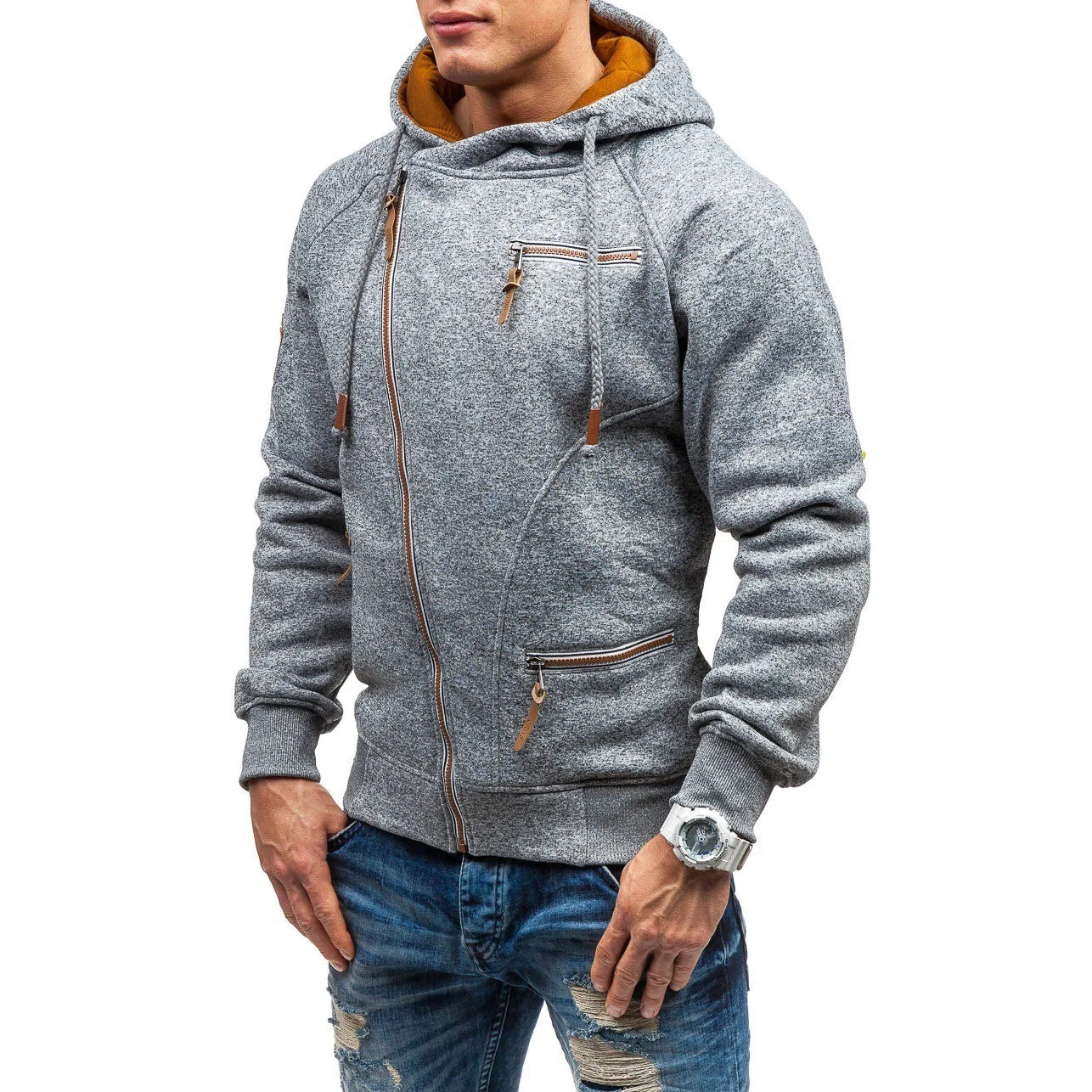Gulidd Casual Solid Long Sleeve Mens Hoodies Sweatshirts Slim Zipper Hoody Sweatshirt Men Hooded Streetwear