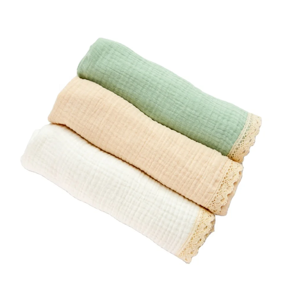 Custom cut quality sewing soft and comfortable cotton gauze muslin baby swaddle receiving fringed  lace blanket