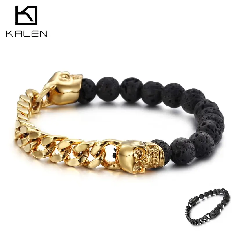 Оптовая продажа, мужской браслет KALEN 4 вида цветов из вулканической лавы с бусинами черепа с цепочкой из нержавеющей стали 316L, дизайнерские ювелирные изделия
