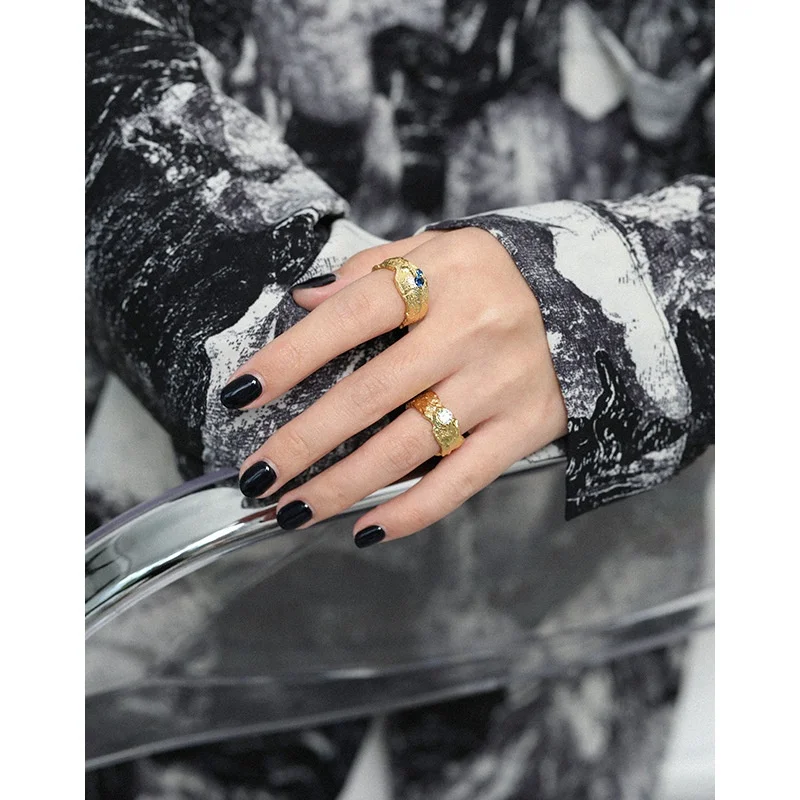 S925 sterling silver ins niche design sense texture irregular surface dark blue zircon open female ring