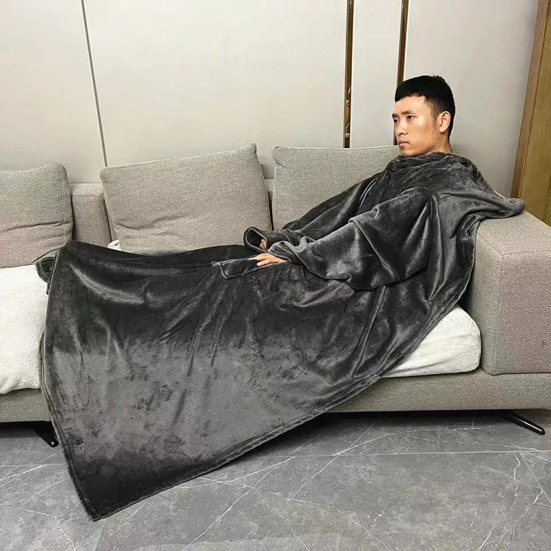 DDP custom logo  grey oversized plush ankle length wearable hoodie tv flannel blanket