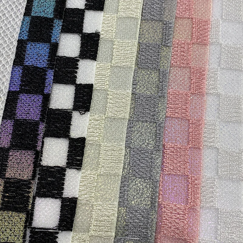 Wholesale Customized Leatherette Knitting Lace Mesh Plaids Pattern Embossed Artificial Synthetic Leather Fabric For Tote/Wallet