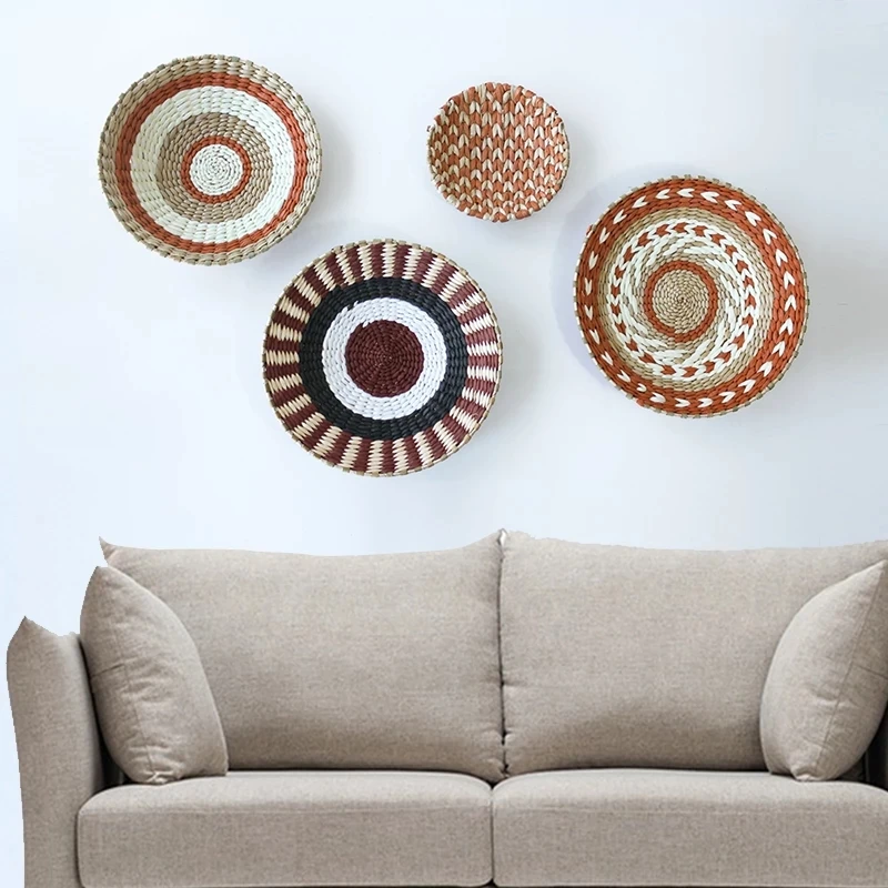 Boho Woven Decorative Nordic Style Handmade Round Rattan Wall Basket Hanging Sets
