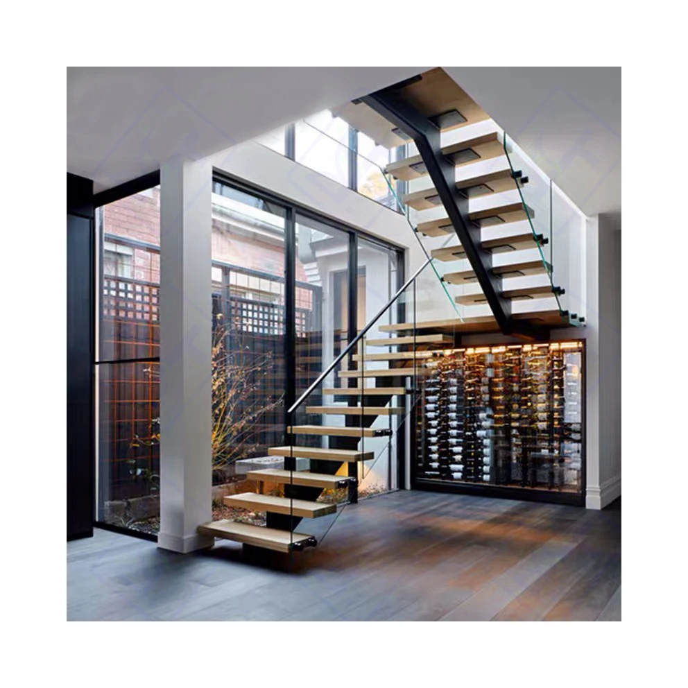 Luxury Villa Indoor LED Lighting Steel Stringer Wooded Glass Wire rope guardrail Staircase