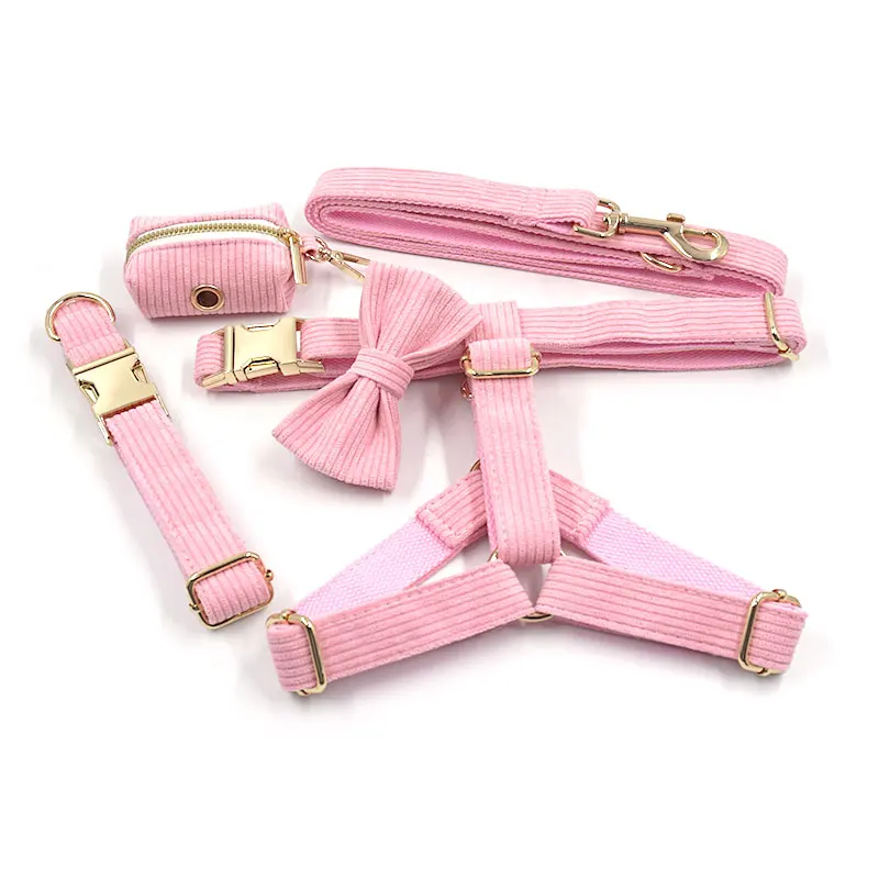 Wholesale new arrive hot sale corduroy pet harness cute pink cute dog harness high end soft corduroy dog harness set luxury