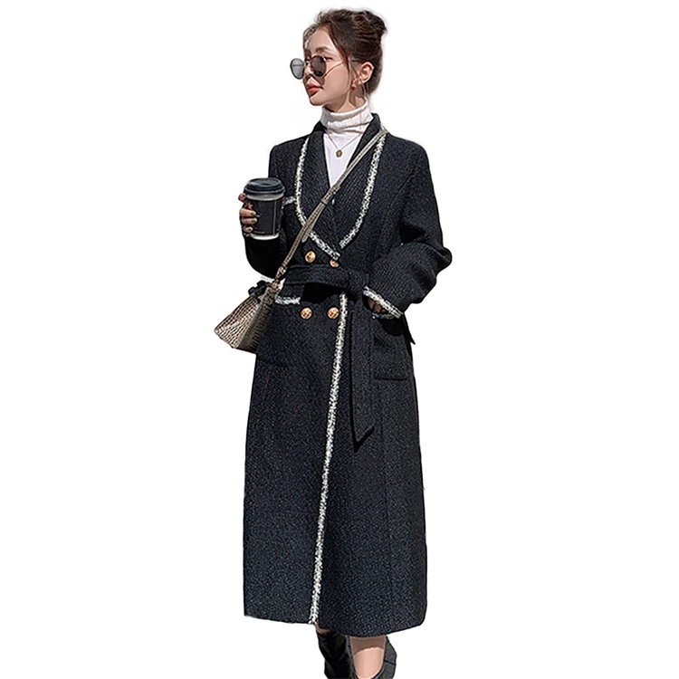 Autumn and winter Korean style temperament suit collar small fragrance bright silk trim mid-length loose woolen coat jacket