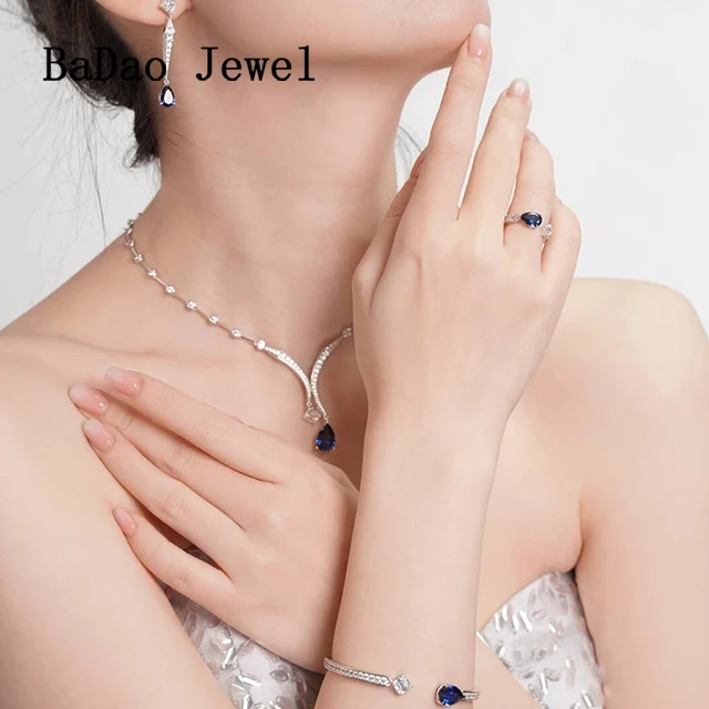 Fashion Sapphire Blue Stone Ring Jewelry Women 925 Silver Engagement Wedding Water Drop Ring