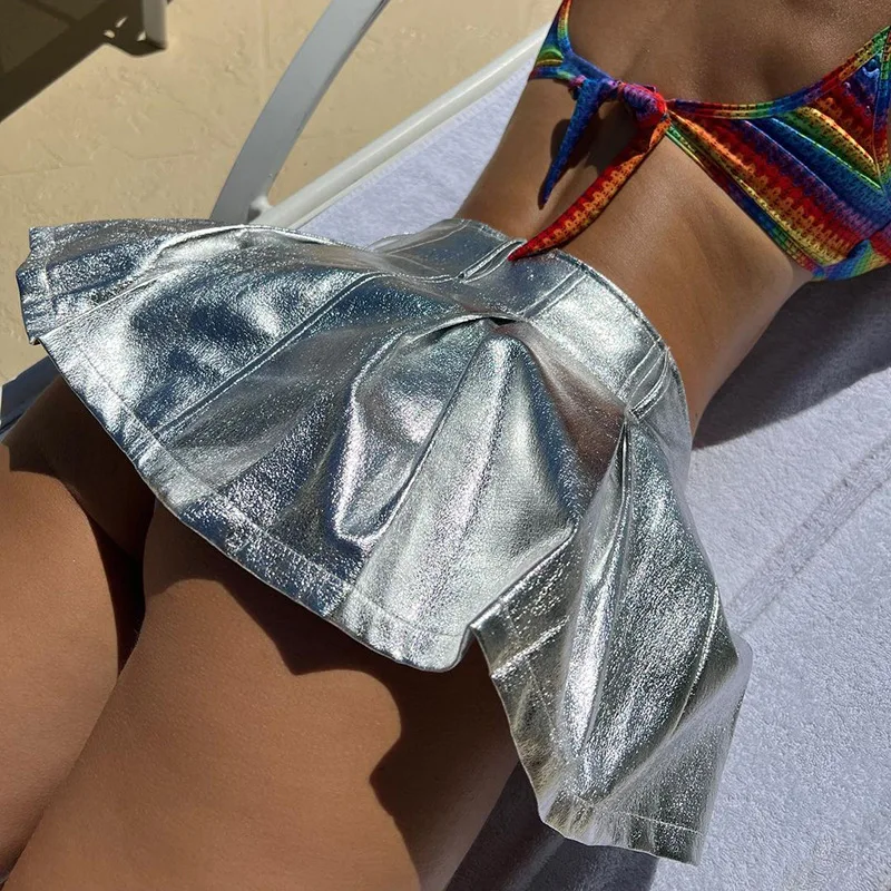 King Mcgreen star Trendy Female Festival Dance Club Short skirt Sexy Shinny PU leather pleated mini skirt Y2K costume Party wear