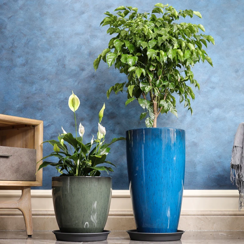 Glazed living room decoration round resin flowerpot thickened highened viewing planting basin Tall pot plastic pot