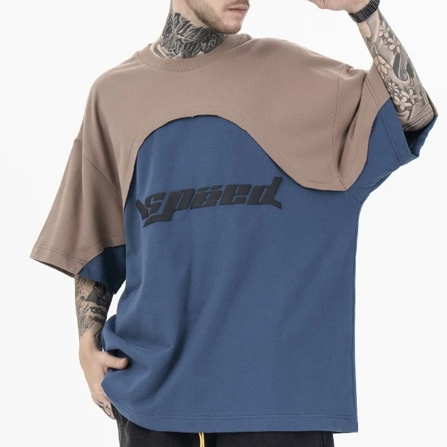 High quality Custom logo Patchwork Two Tone T Shirt oversize streetwear sew pullover cotton cut and sew T Shirt